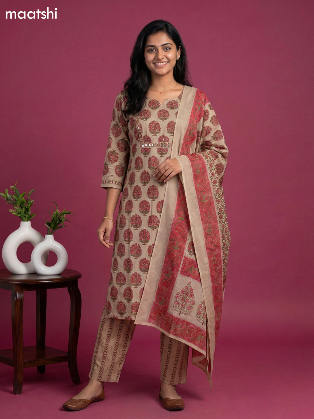 Beige and Pink Cotton Floral Printed Straight Suit