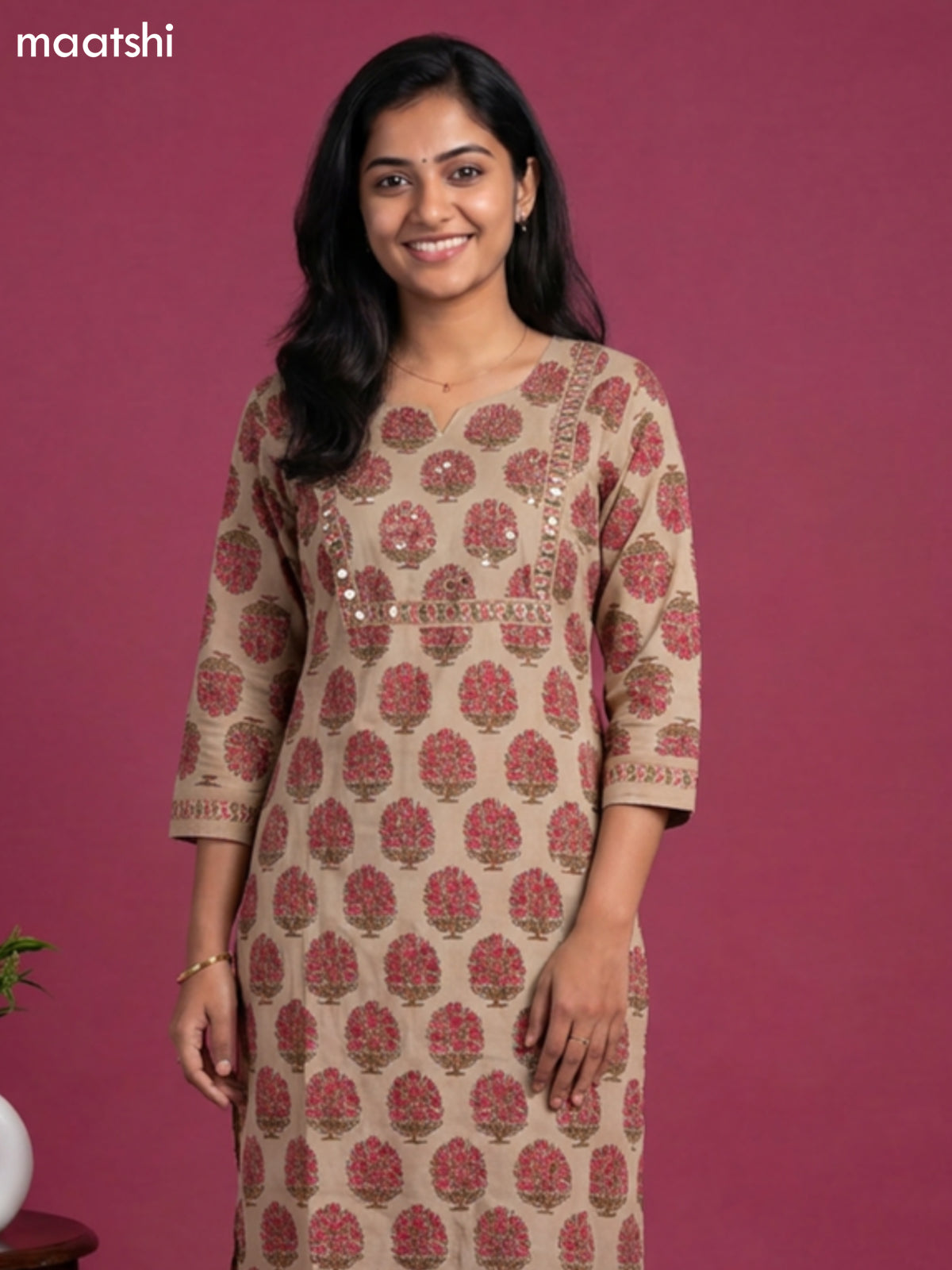 Beige and Pink Cotton Floral Printed Straight Suit
