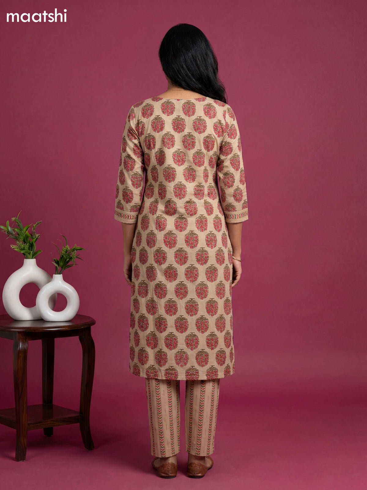 Beige and Pink Cotton Floral Printed Straight Suit