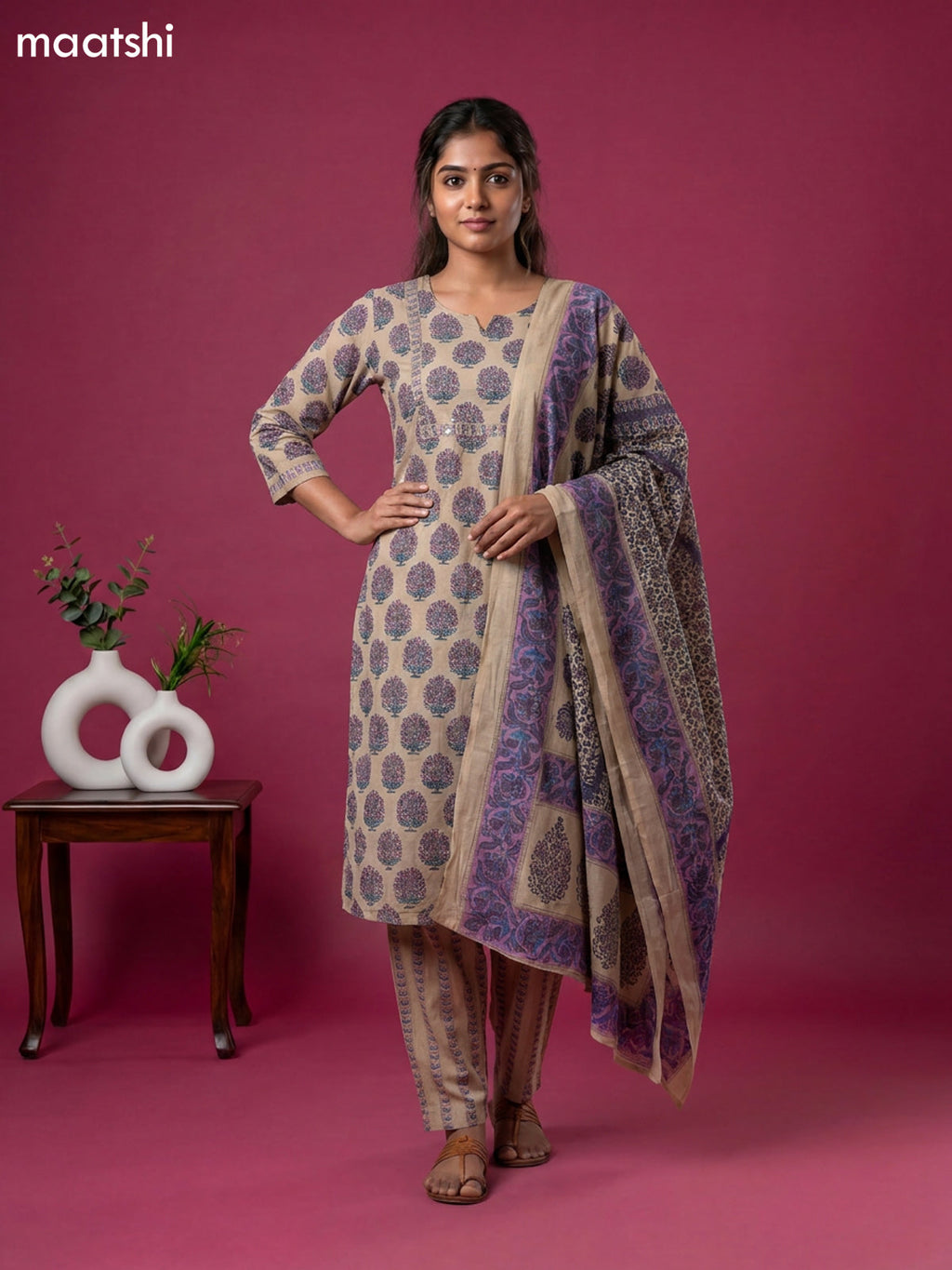 Beige and Purple Cotton Floral Printed Straight Suit