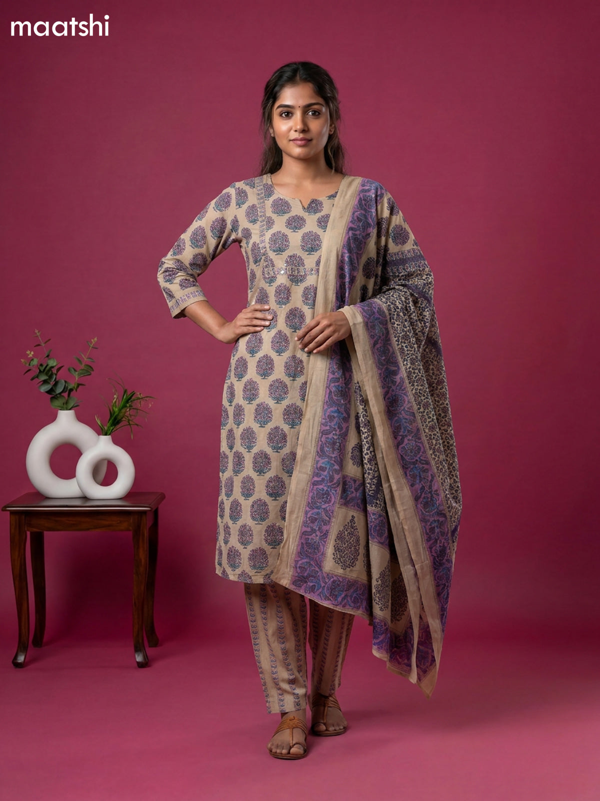 Beige and Purple Cotton Floral Printed Straight Suit