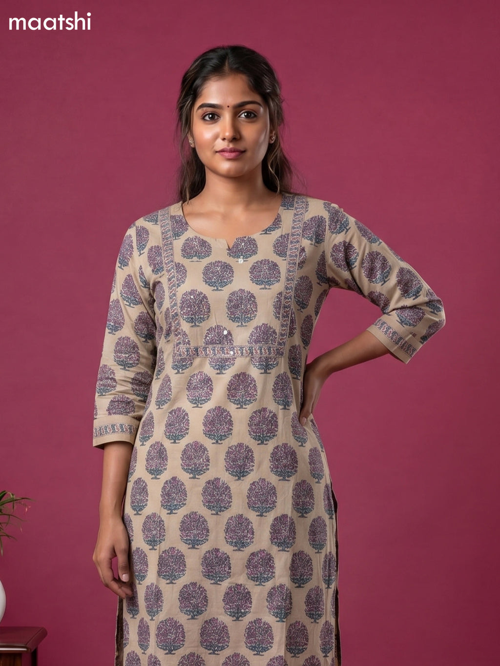 Beige and Purple Cotton Floral Printed Straight Suit