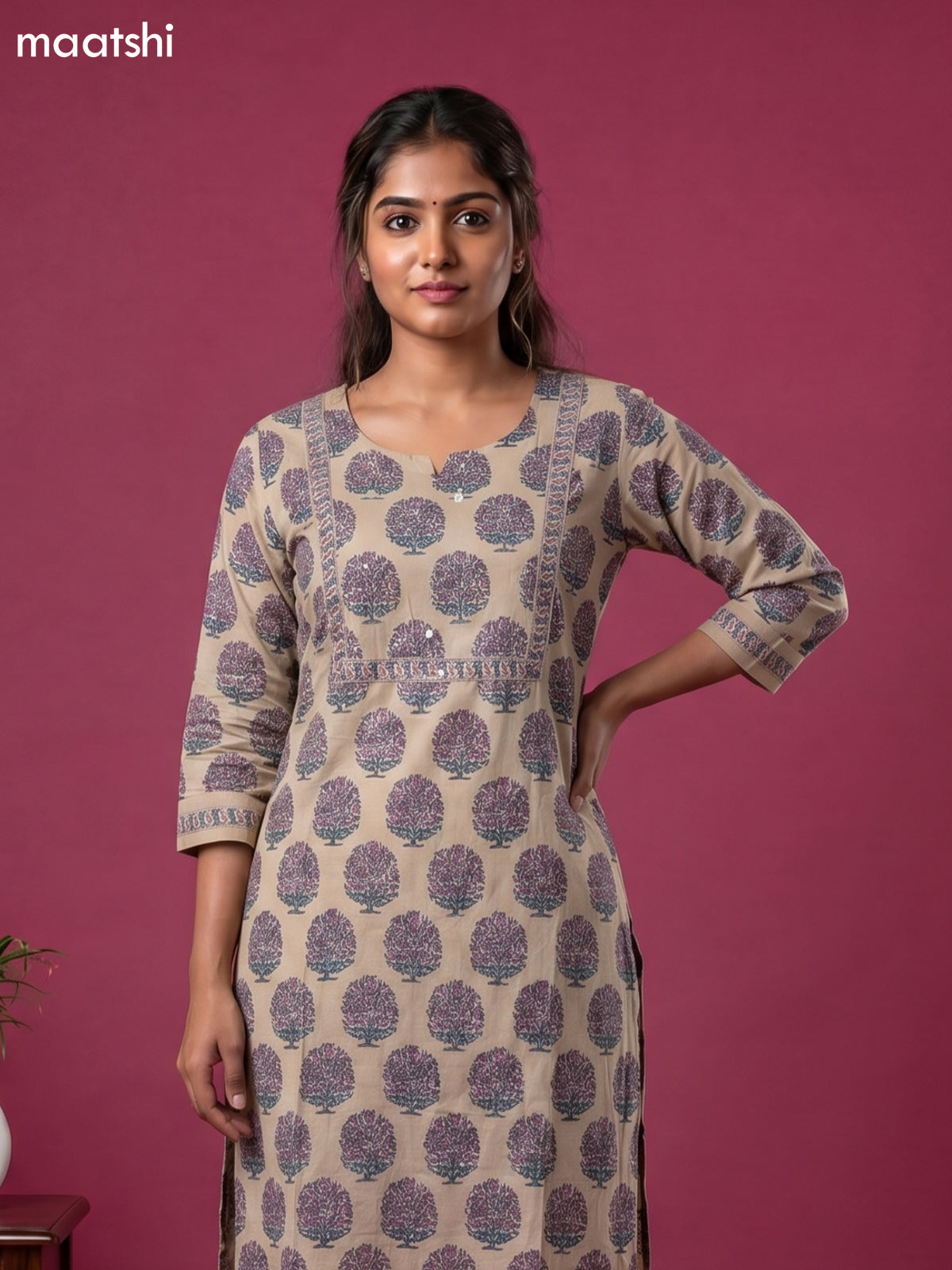 Beige and Purple Cotton Floral Printed Straight Suit