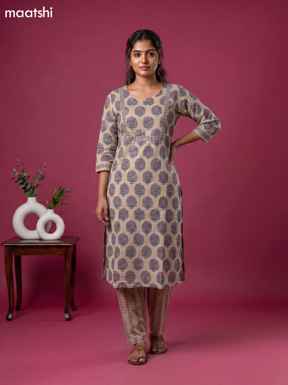 Beige and Purple Cotton Floral Printed Straight Suit