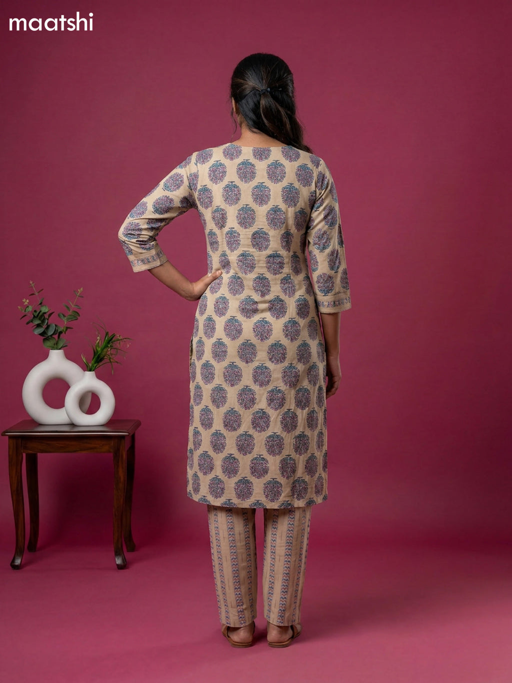 Beige and Purple Cotton Floral Printed Straight Suit