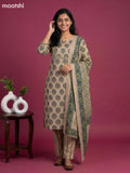 Beige and Blue Cotton Floral Printed Straight Suit