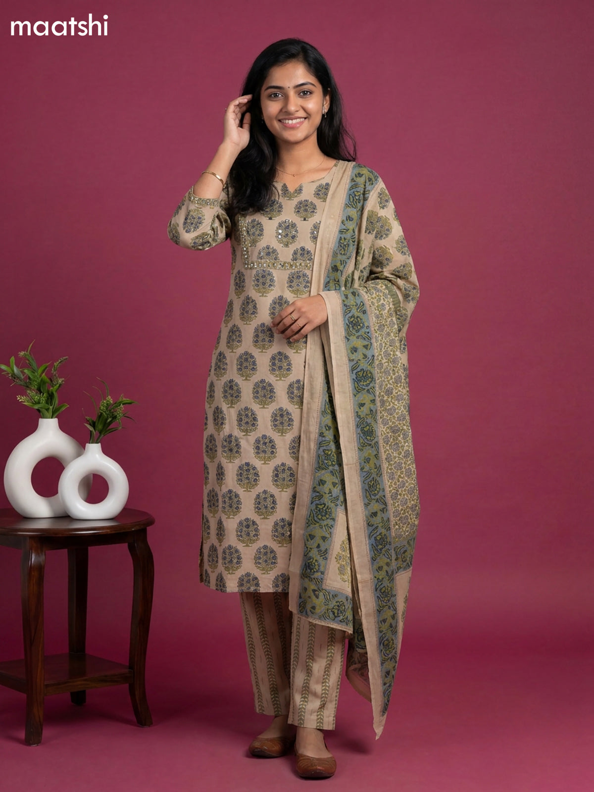 Beige and Blue Cotton Floral Printed Straight Suit