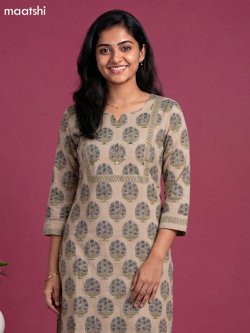 Beige and Blue Cotton Floral Printed Straight Suit