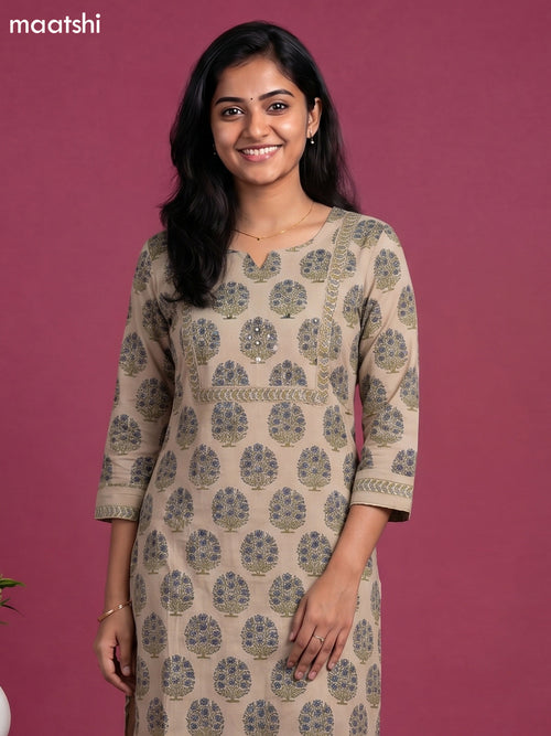 Beige and Blue Cotton Floral Printed Straight Suit
