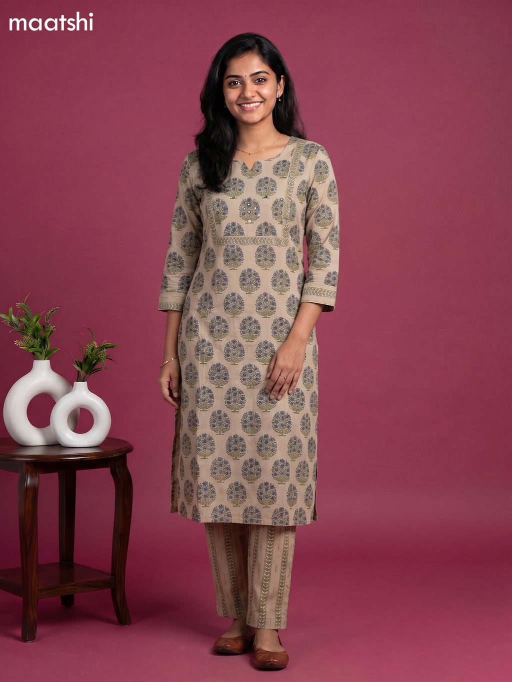 Beige and Blue Cotton Floral Printed Straight Suit