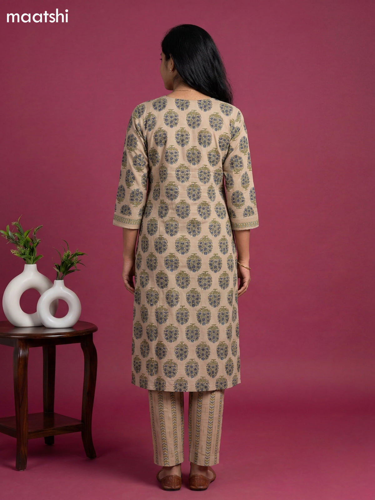 Beige and Blue Cotton Floral Printed Straight Suit