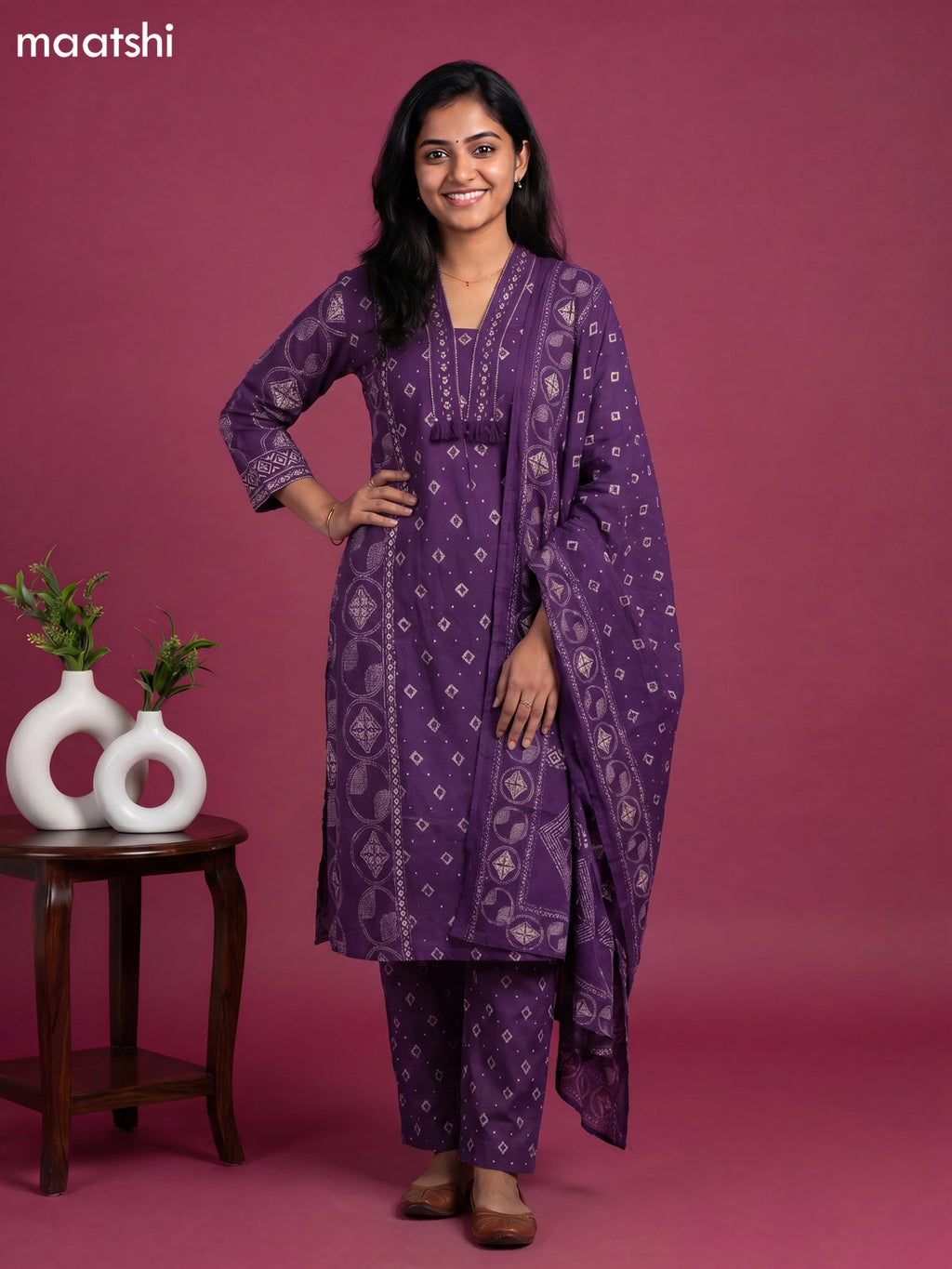 Violet Cotton Geometric Printed Straight Suit