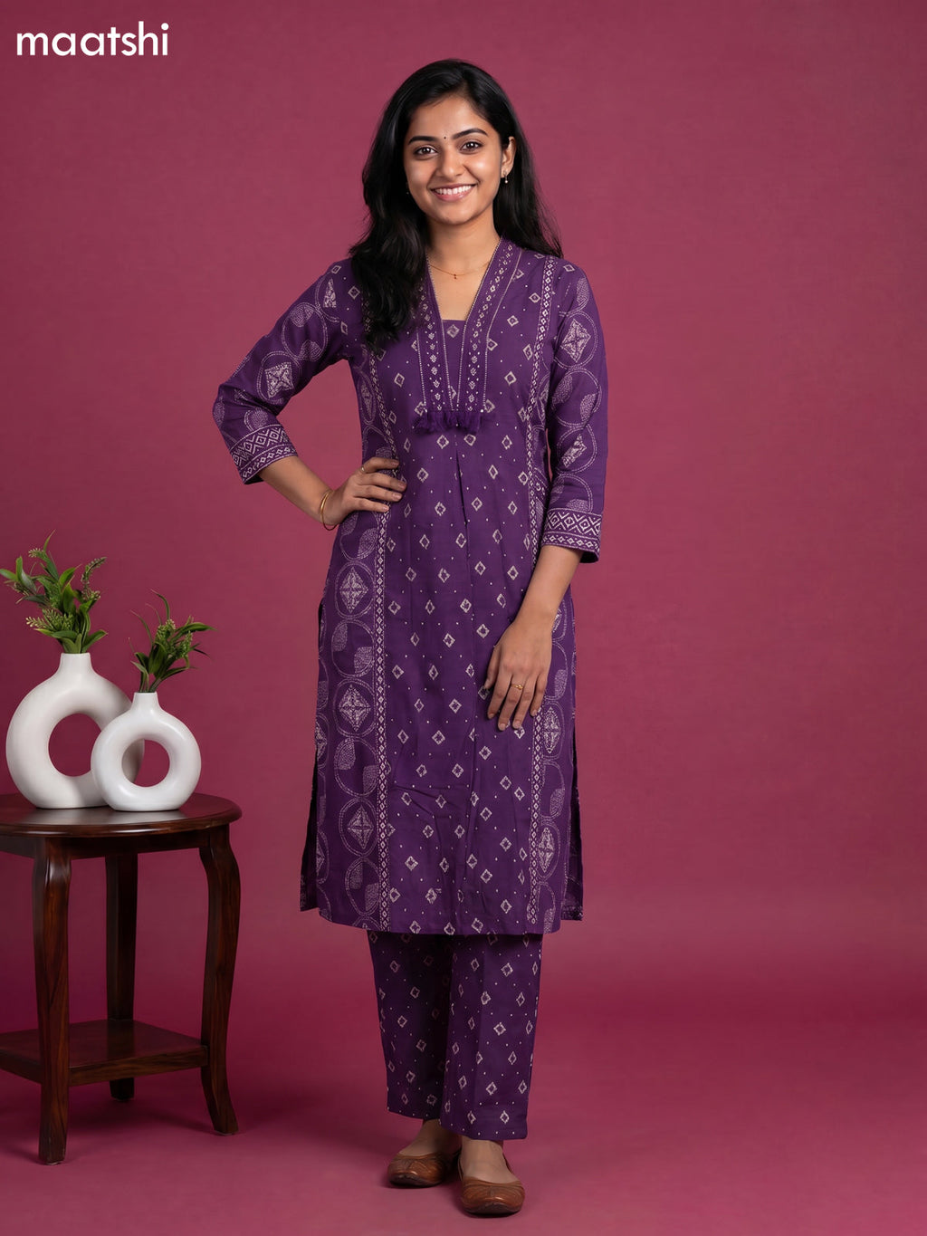 Violet Cotton Geometric Printed Straight Suit