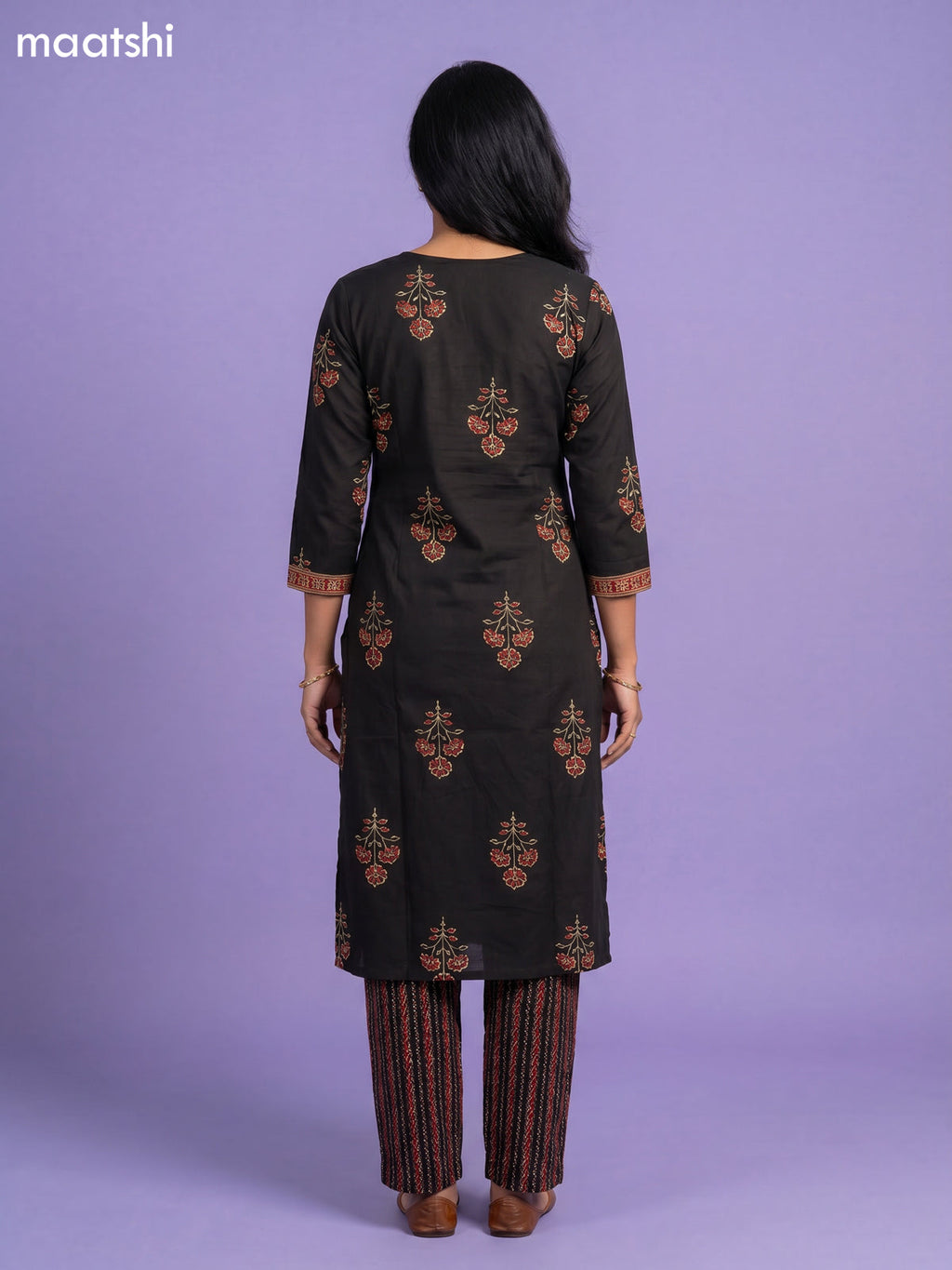 Black Cotton Printed Straight Suit