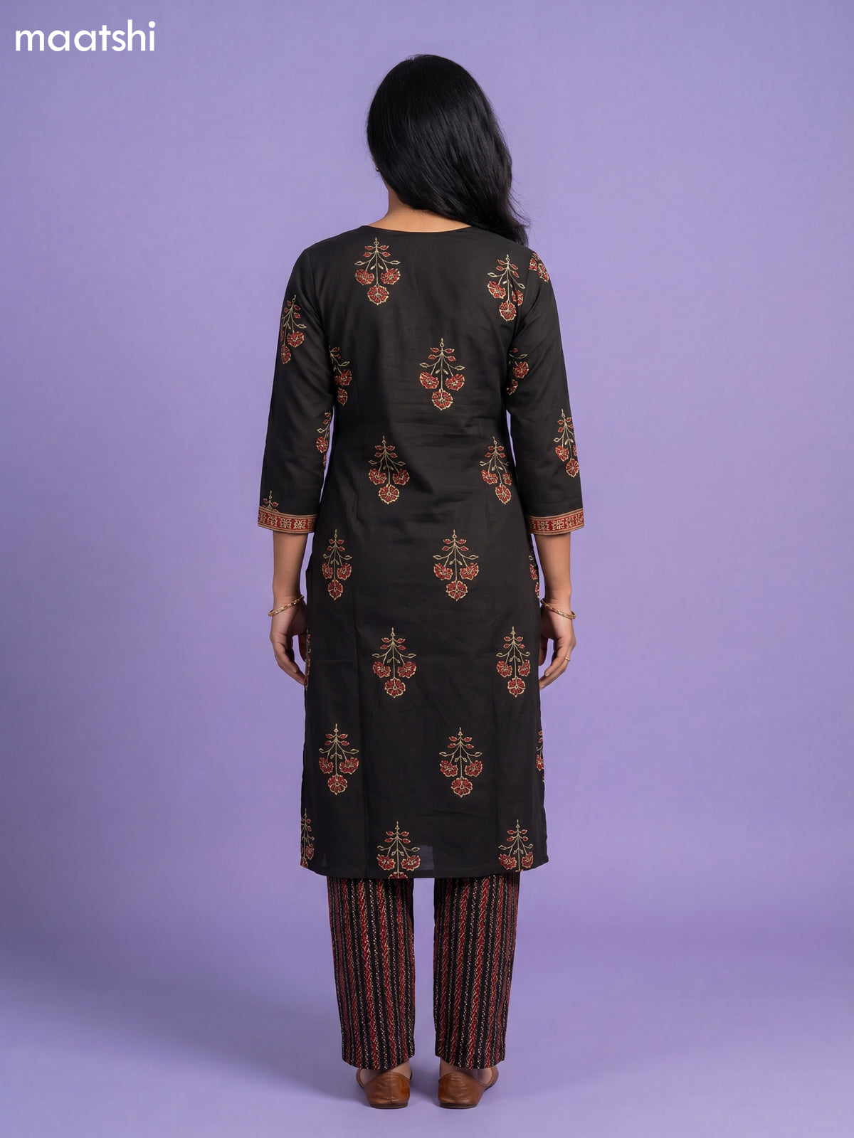 Black Cotton Printed Straight Suit