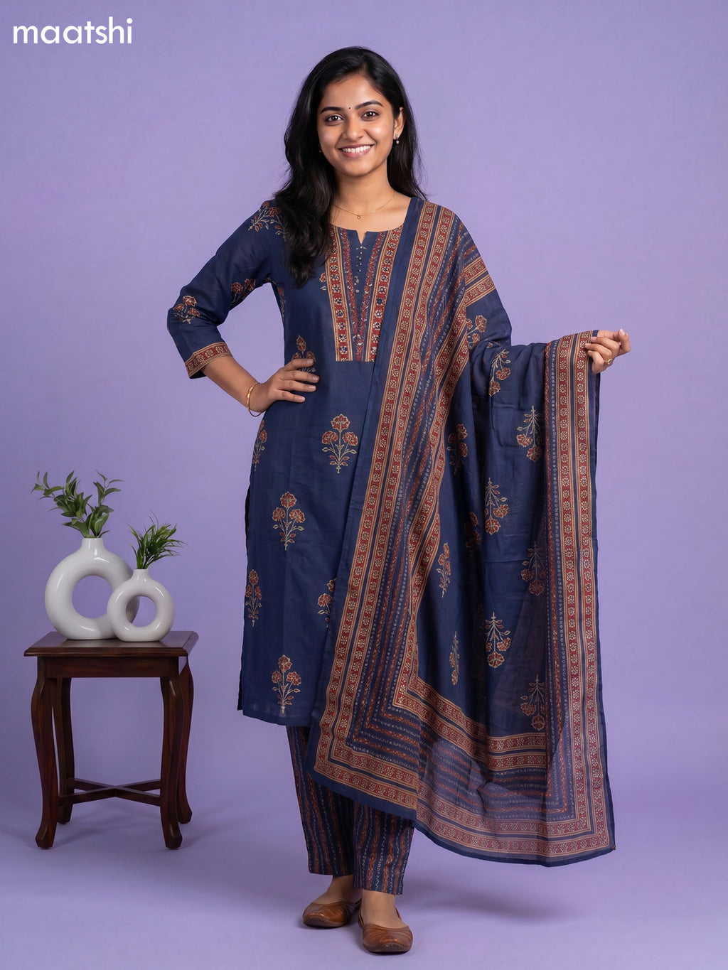 Navy Blue Cotton Printed Straight Suit