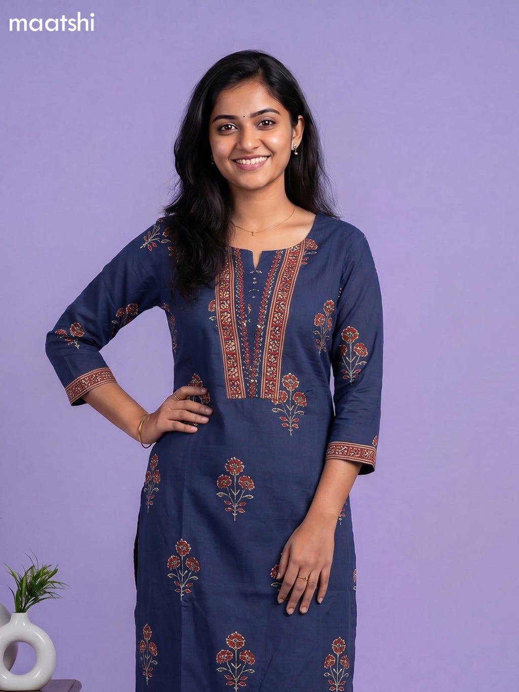 Navy Blue Cotton Printed Straight Suit