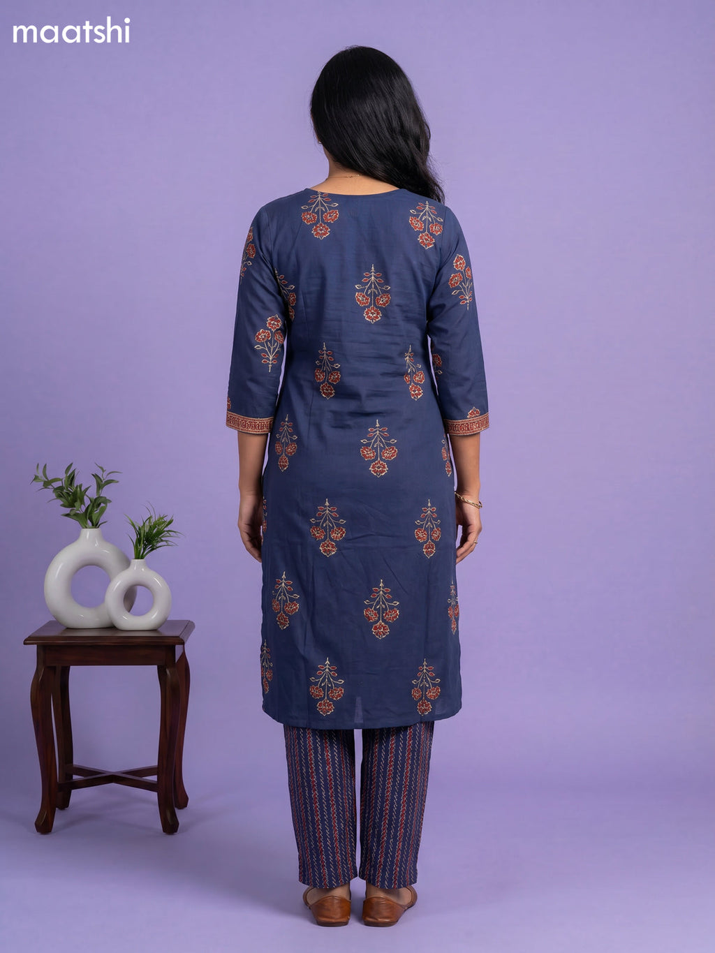 Navy Blue Cotton Printed Straight Suit