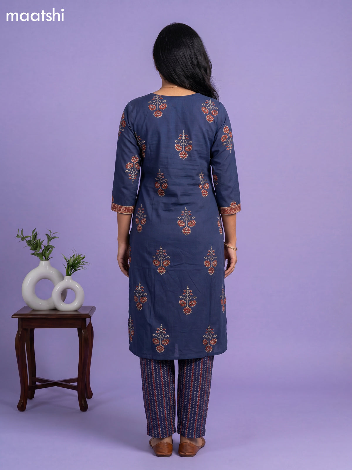Navy Blue Cotton Printed Straight Suit
