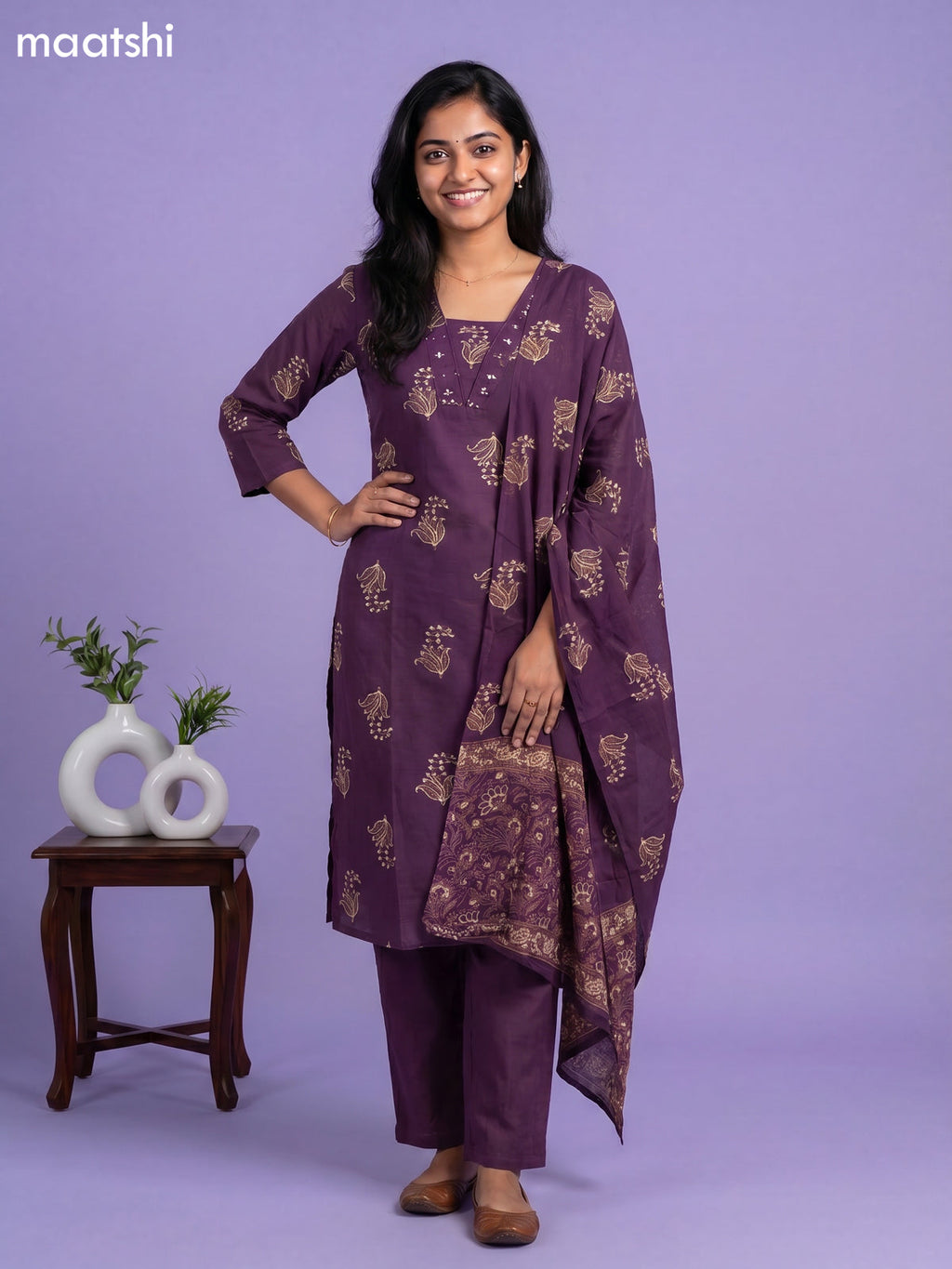 Violet Cotton Printed & Embroidery Work Straight Suit