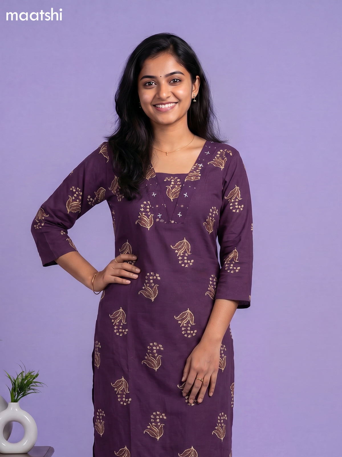 Violet Cotton Printed & Embroidery Work Straight Suit