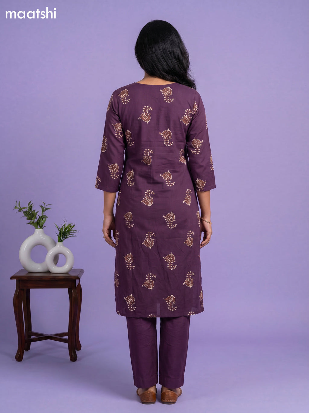 Violet Cotton Printed & Embroidery Work Straight Suit
