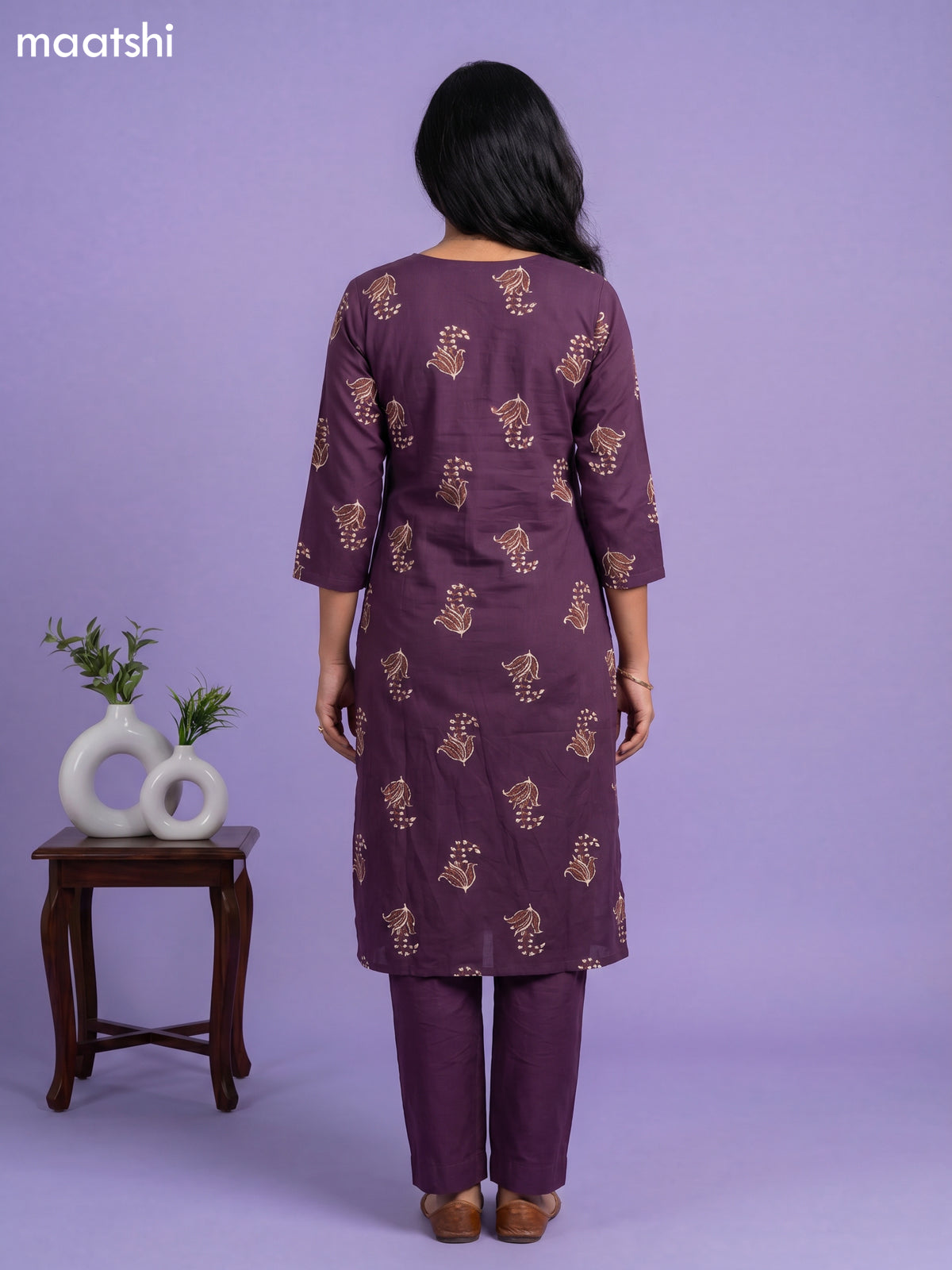 Violet Cotton Printed & Embroidery Work Straight Suit
