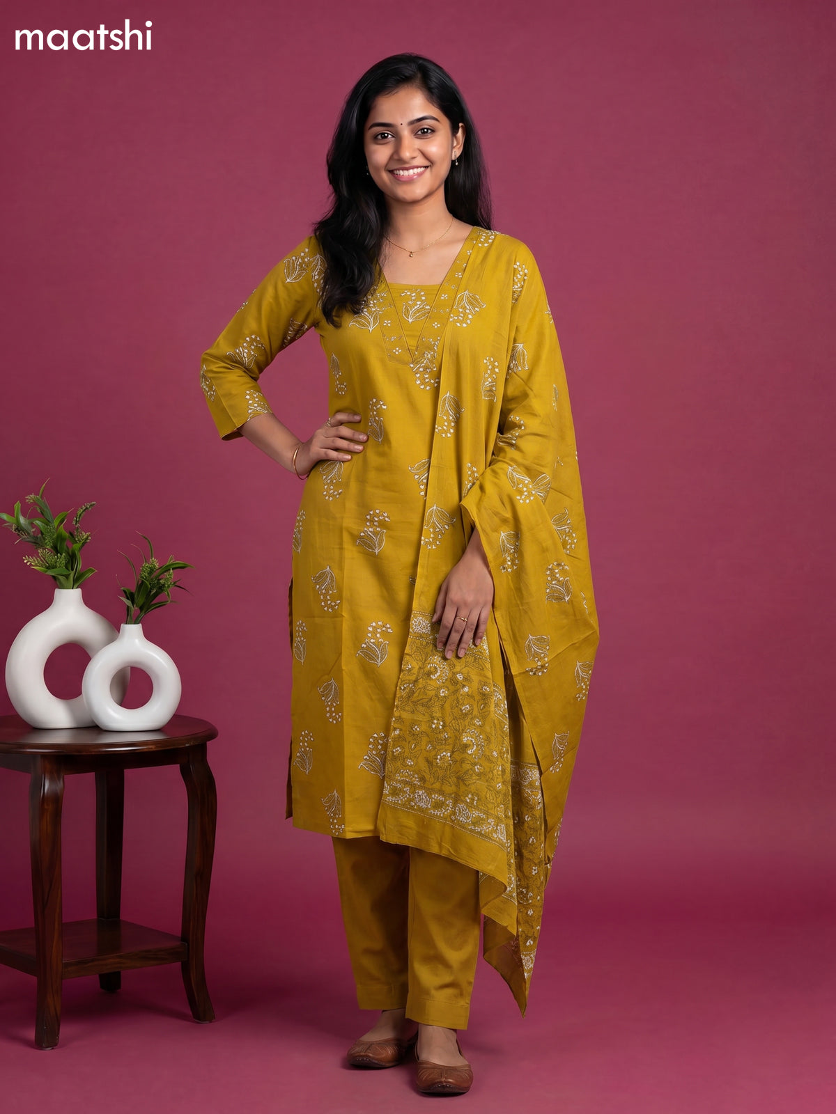 Musted Yellow Cotton Printed & Embroidery Work Straight Suit