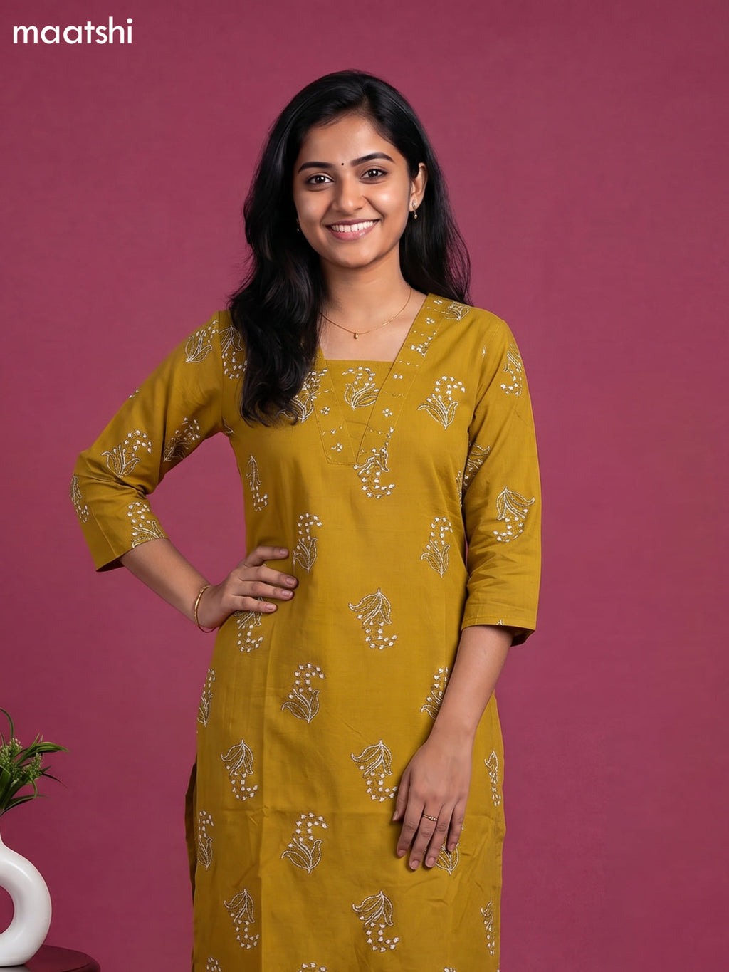 Musted Yellow Cotton Printed & Embroidery Work Straight Suit