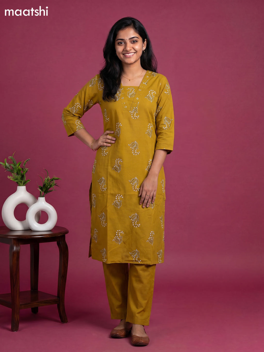 Musted Yellow Cotton Printed & Embroidery Work Straight Suit