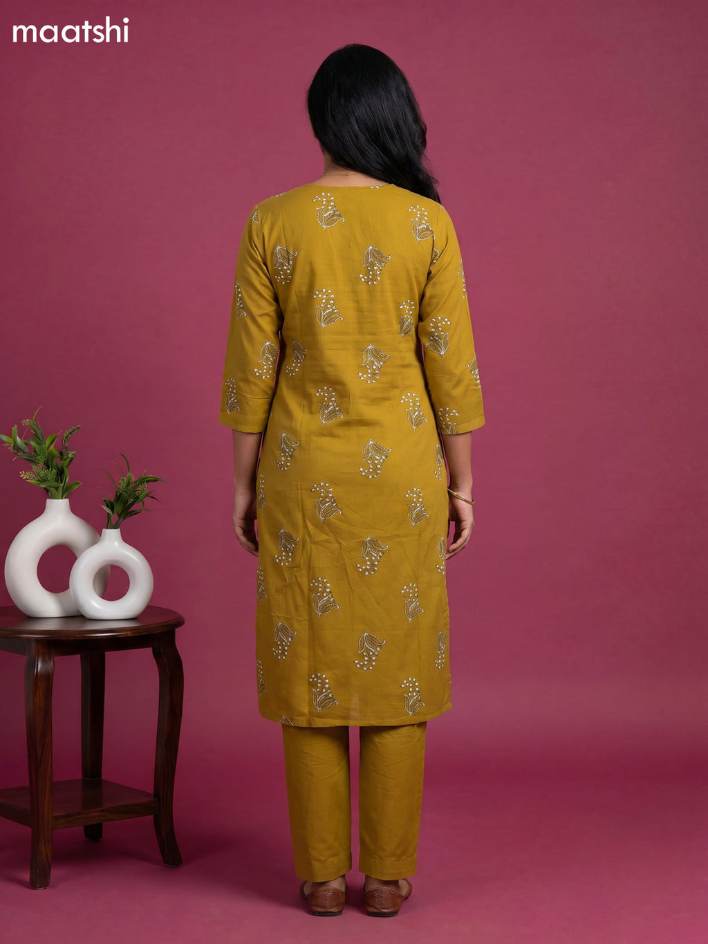 Musted Yellow Cotton Printed & Embroidery Work Straight Suit