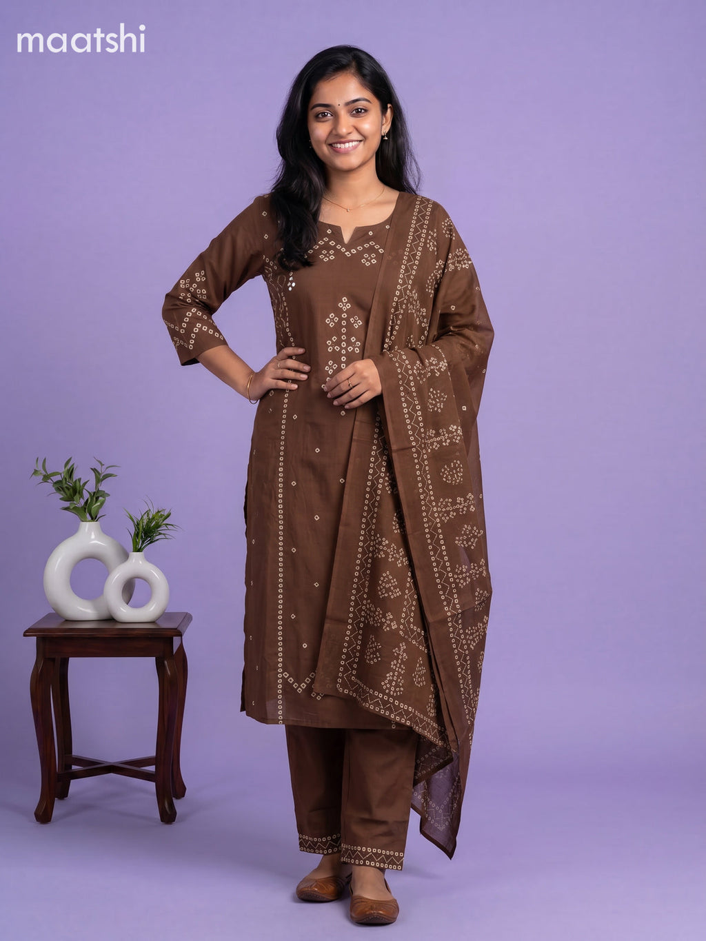 Brown Cotton Bandhani Printed Straight Suit