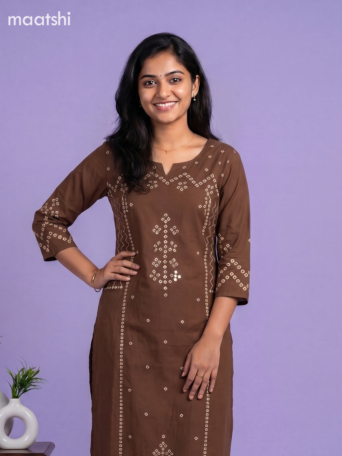 Brown Cotton Bandhani Printed Straight Suit