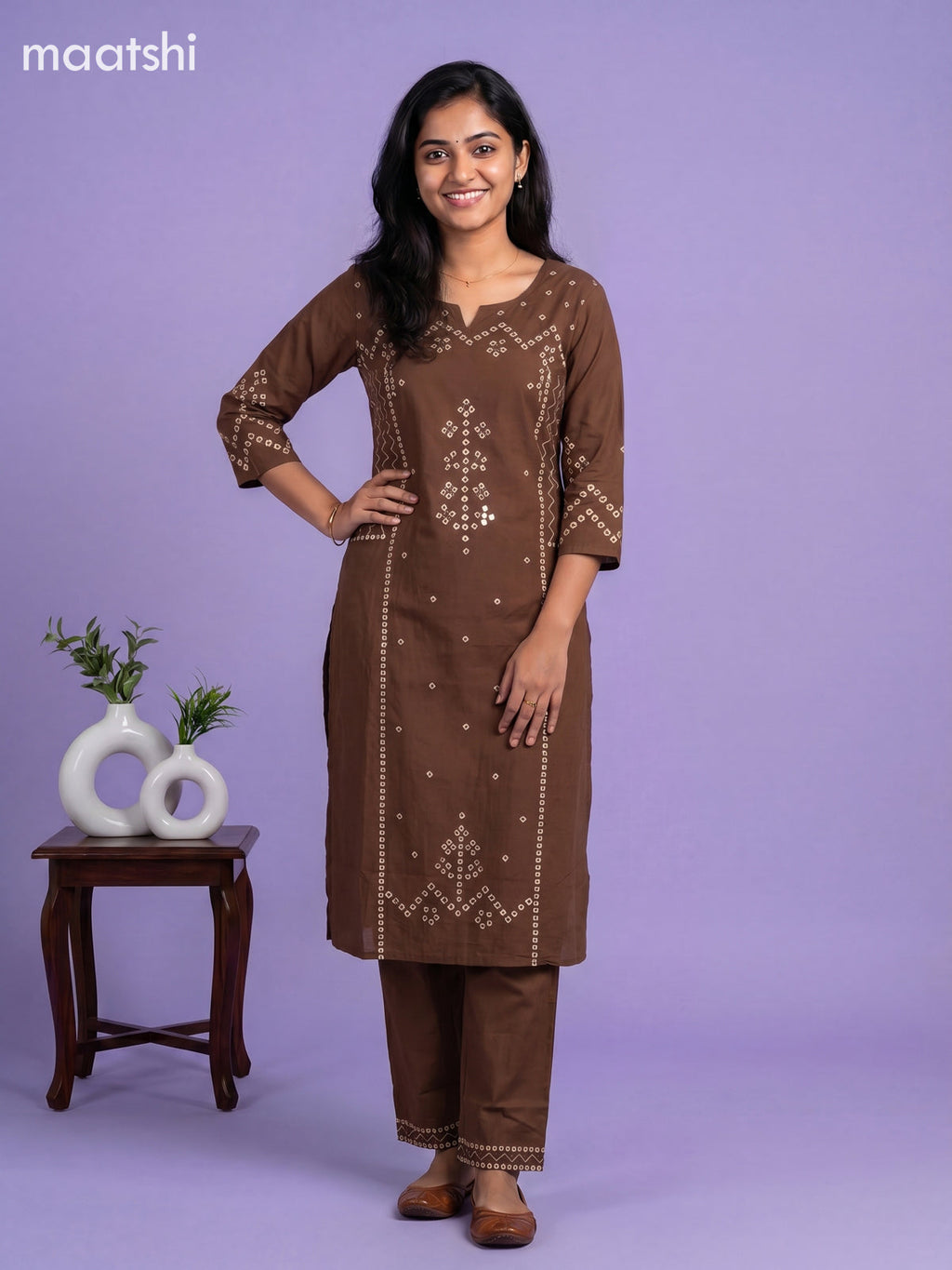 Brown Cotton Bandhani Printed Straight Suit