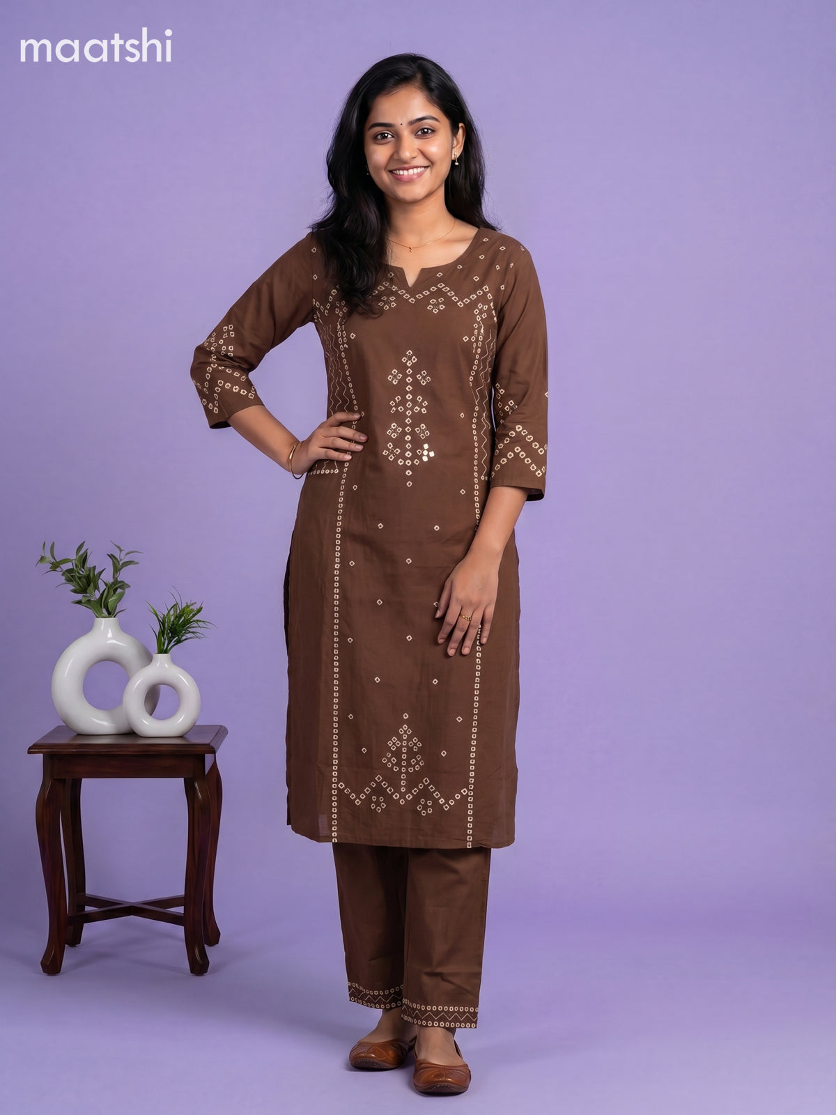 Brown Cotton Bandhani Printed Straight Suit