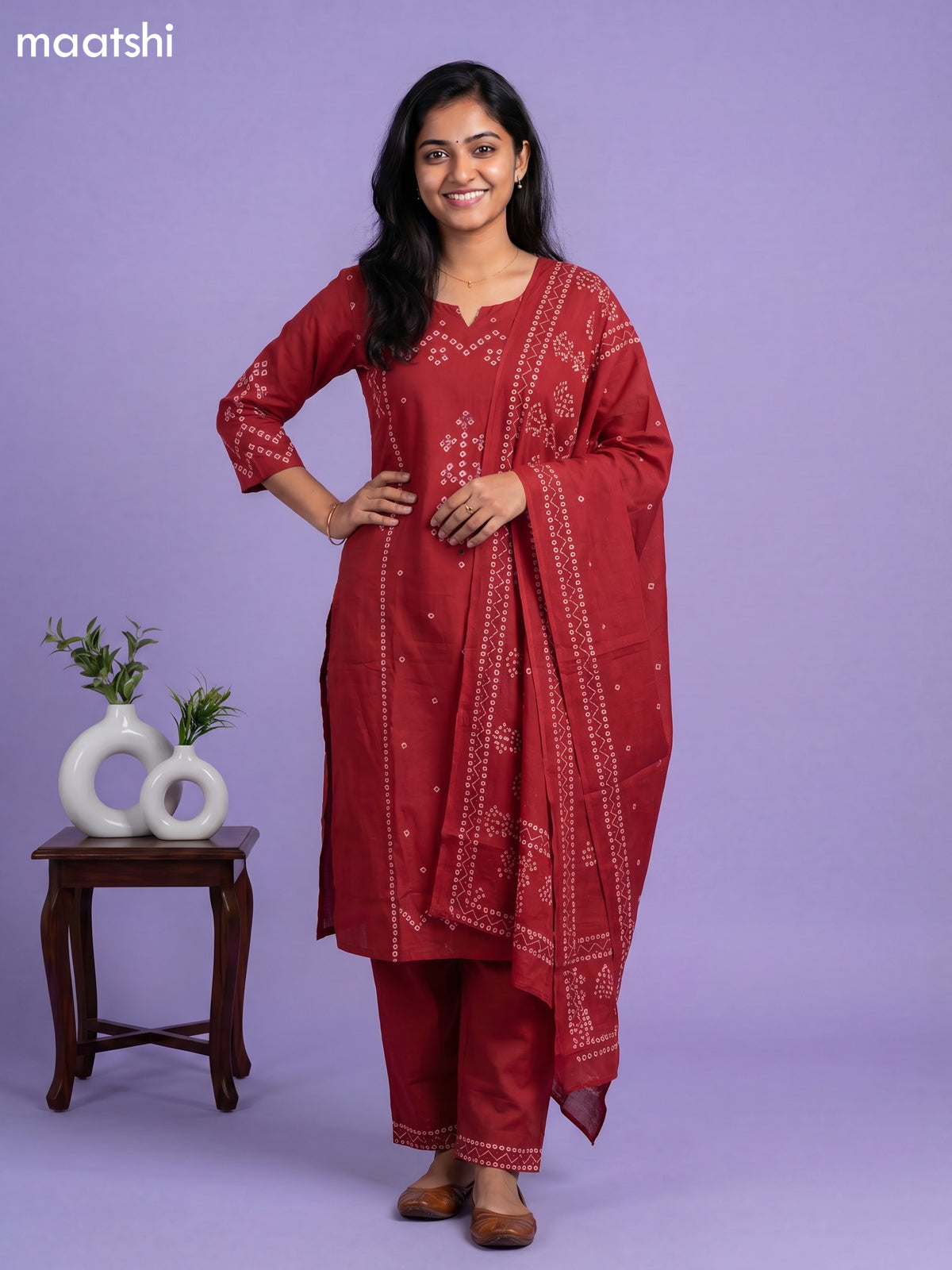 Maroon Cotton Bandhani Printed Straight Suit