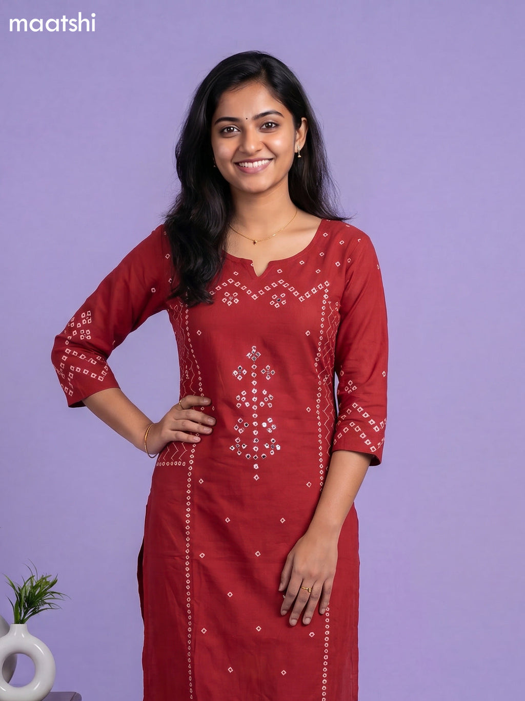Maroon Cotton Bandhani Printed Straight Suit