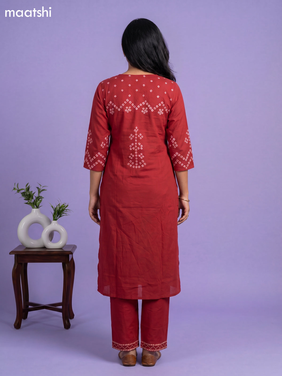 Maroon Cotton Bandhani Printed Straight Suit