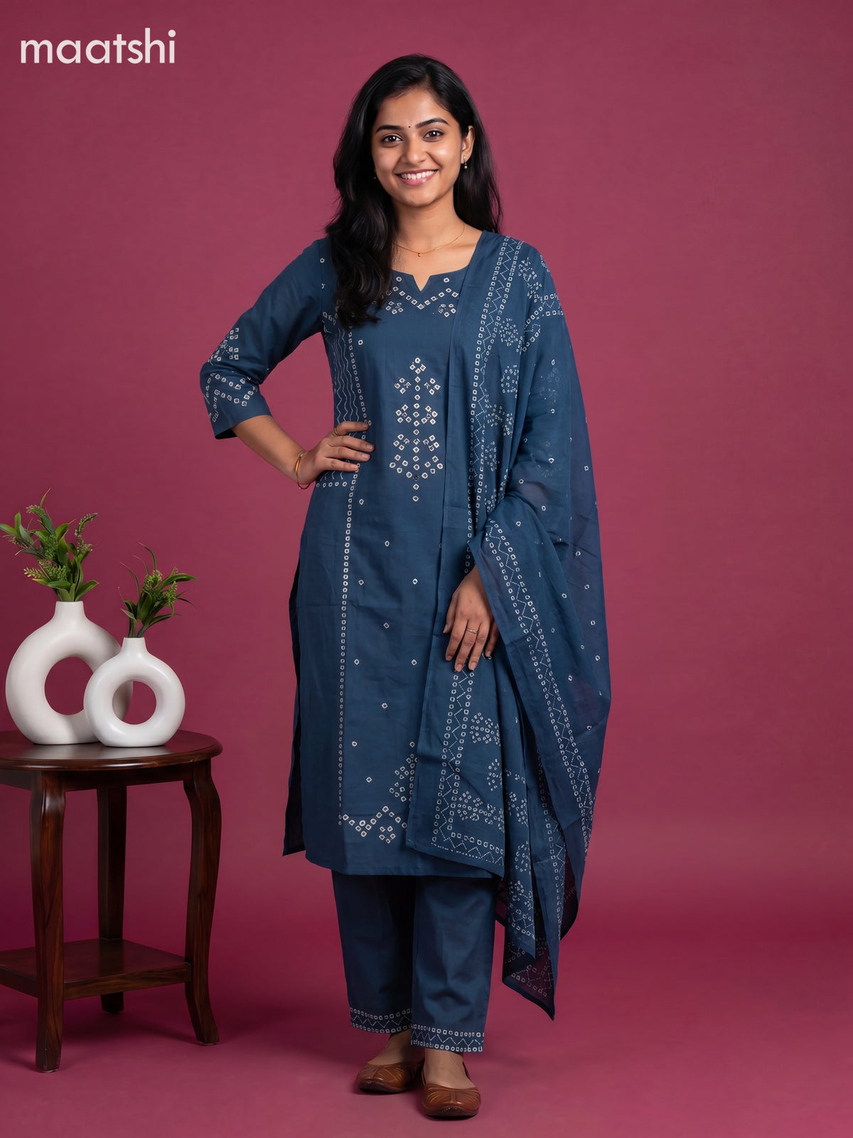 Peacock Blue Cotton Bandhani Printed Straight Suit