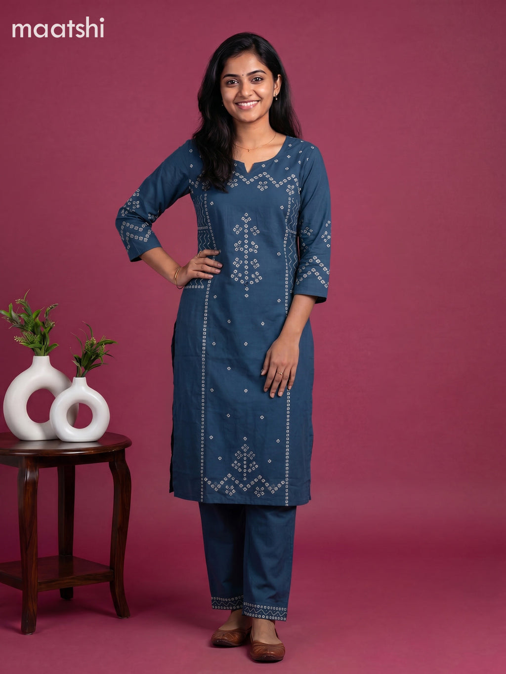Peacock Blue Cotton Bandhani Printed Straight Suit