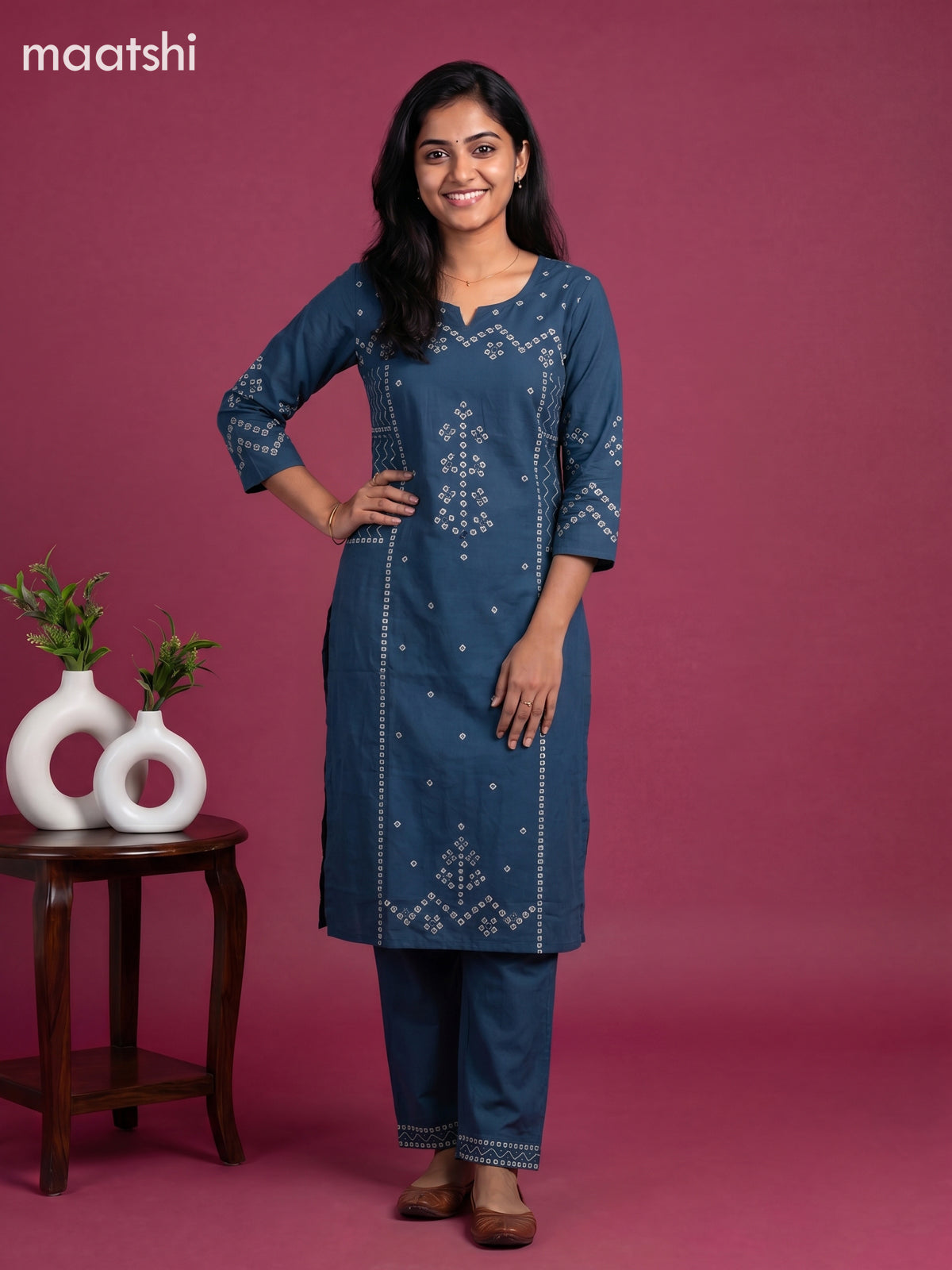 Peacock Blue Cotton Bandhani Printed Straight Suit
