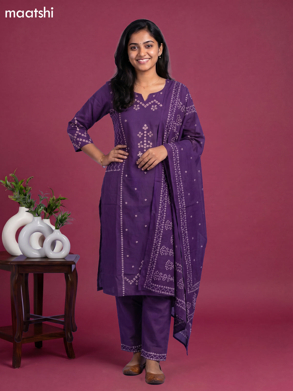 Purple Cotton Bandhani Printed Straight Suit