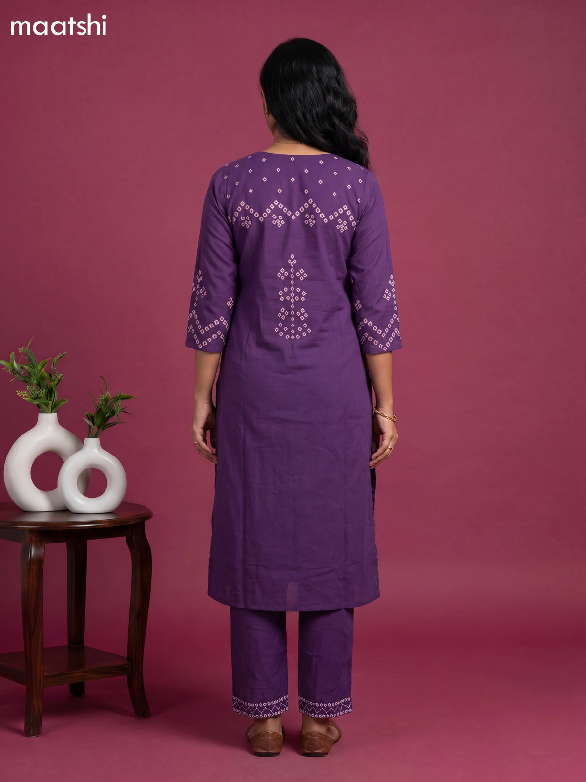 Purple Cotton Bandhani Printed Straight Suit