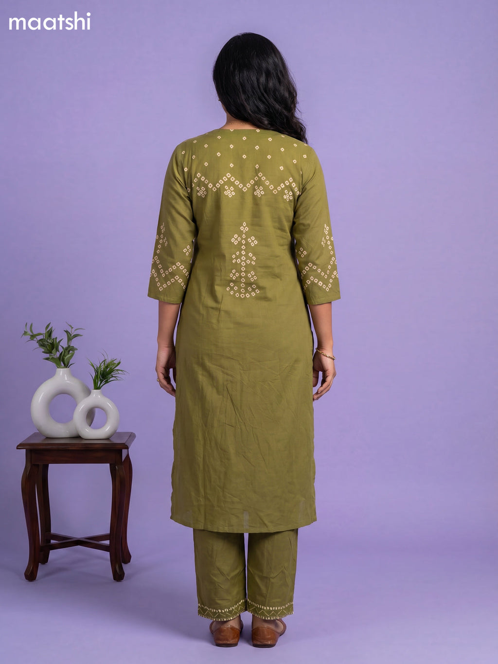 Sap Green Cotton Bandhani Printed Straight Suit