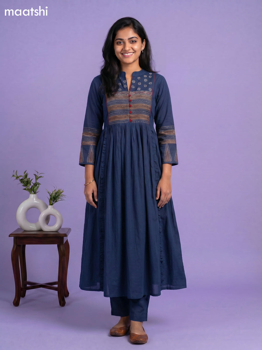 Peacock Blue Cotton Embroidery Work Anarkali Kurti