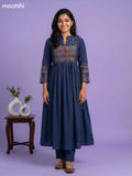 Peacock Blue Cotton Embroidery Work Anarkali Kurti
