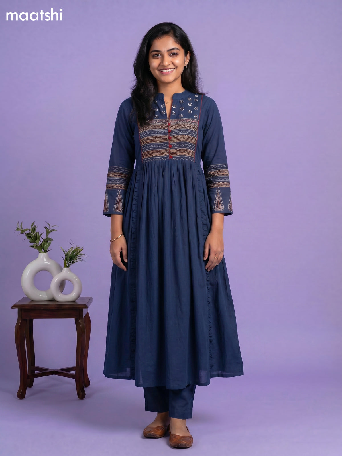 Peacock Blue Cotton Embroidery Work Anarkali Kurti