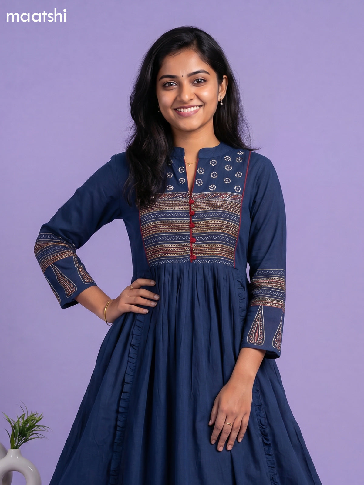 Peacock Blue Cotton Embroidery Work Anarkali Kurti
