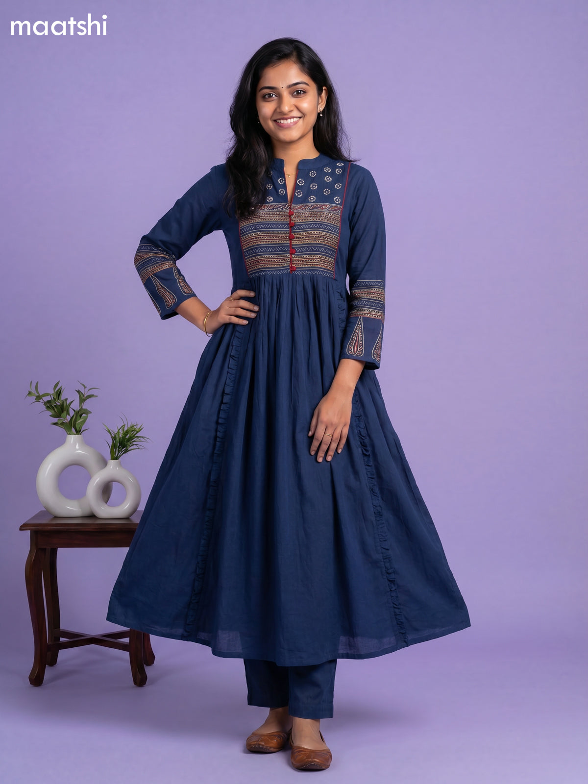 Peacock Blue Cotton Embroidery Work Anarkali Kurti