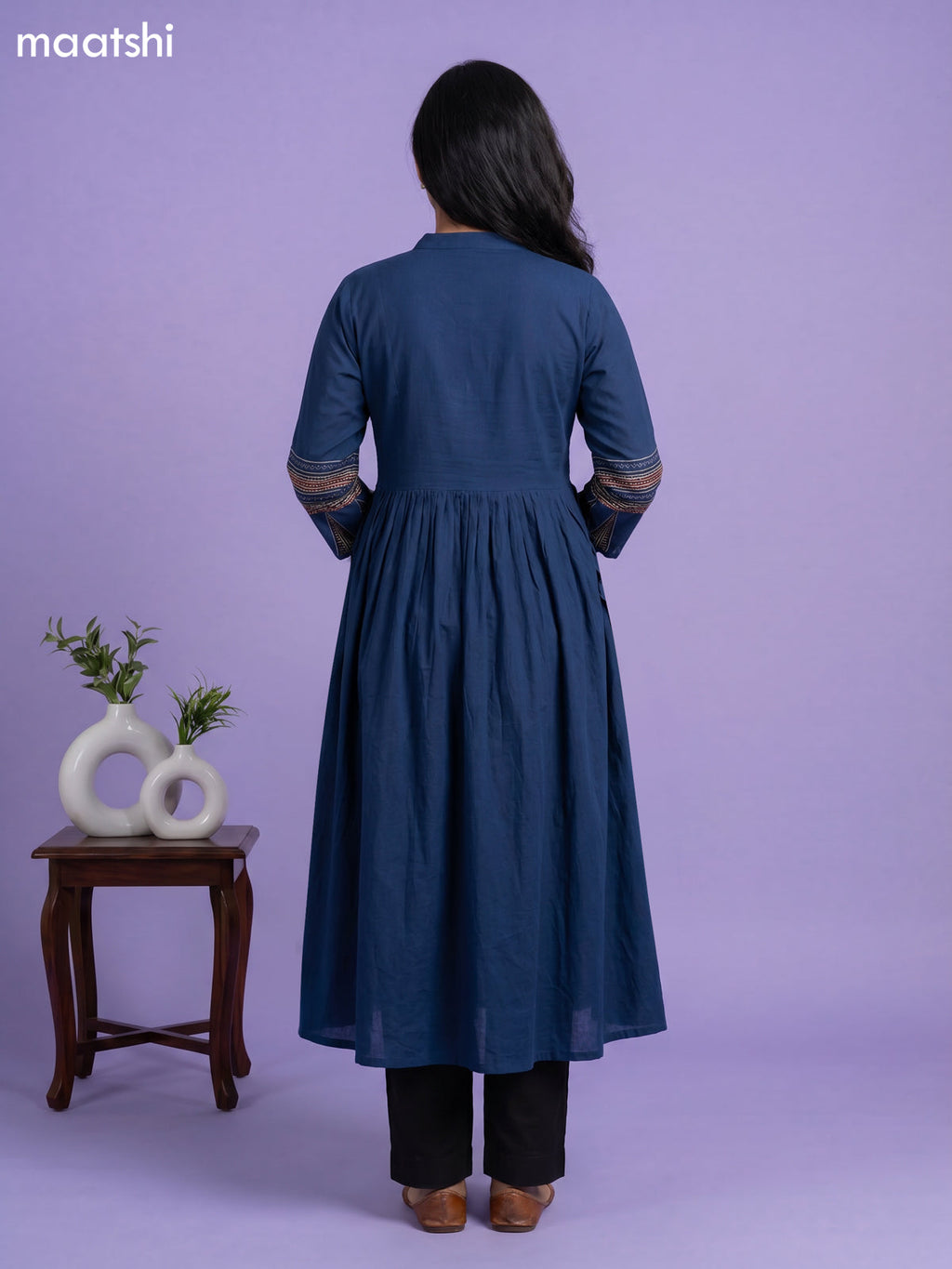 Peacock Blue Cotton Embroidery Work Anarkali Kurti